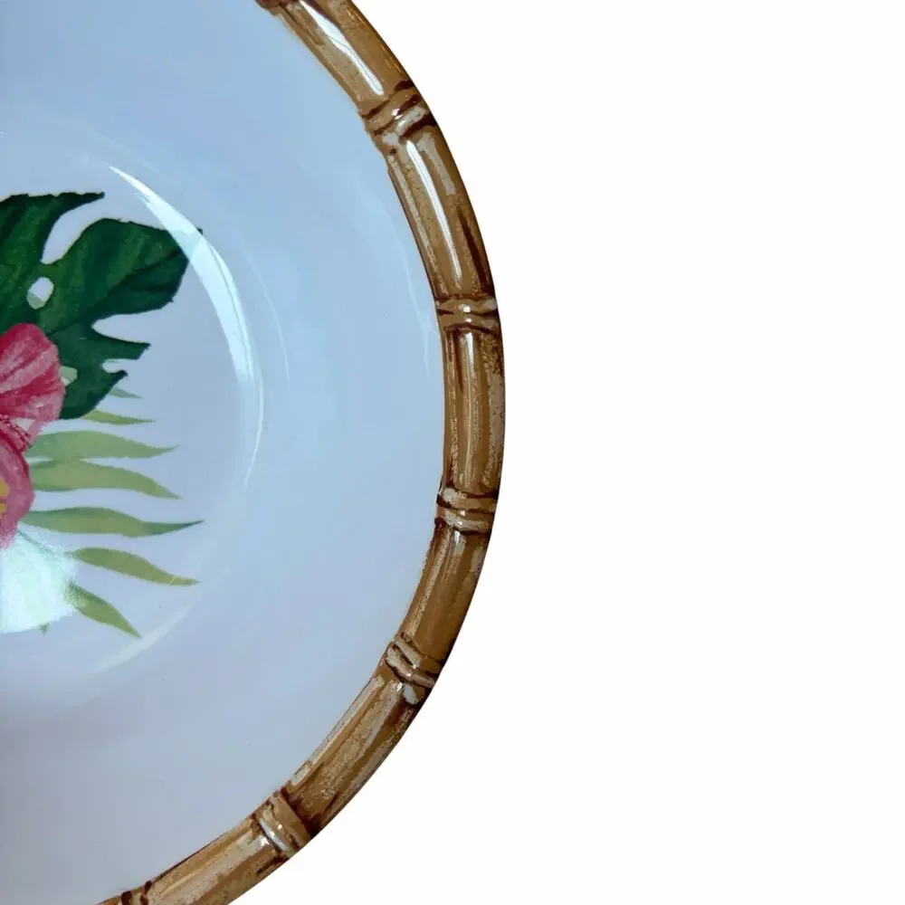 4pc Tropical Hibiscus Melamine Salad Bowls 7.5in Bamboo Rim Indoor Outdoor NEW